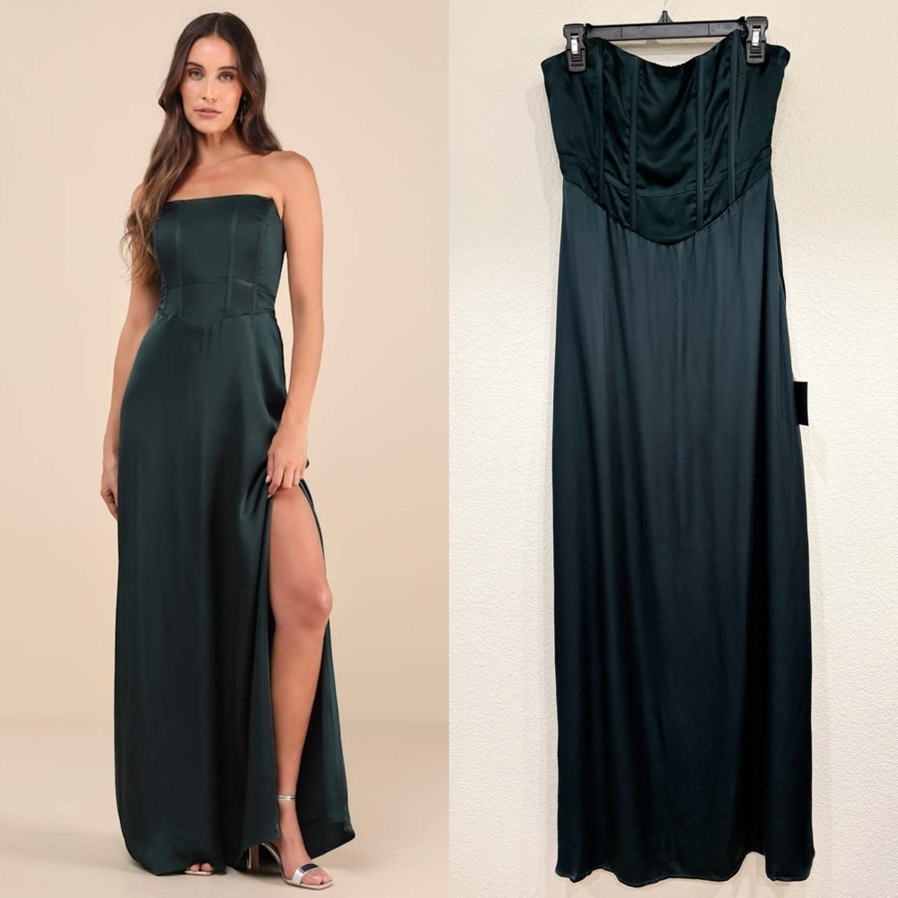 NWT Lulus Extraordinary Presence Dark Green Satin Strapless Maxi Dress - Picture 1 of 10